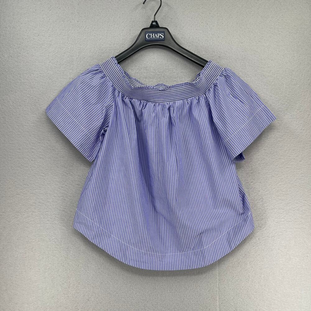 J Crew Top Womens 12 Blue White Striped Off Shoulder Cotton Summer Beach Preppy